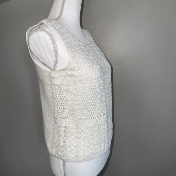 Express Tricot Vintage 90s White Crochet Sweater Womans M Vest Boho Ramie Cotton - Picture 2 of 9